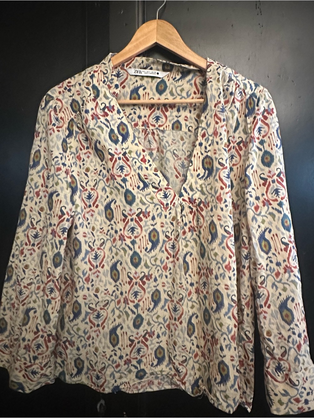 Zara Cream Blouse with Blue and Red Ikat Motif